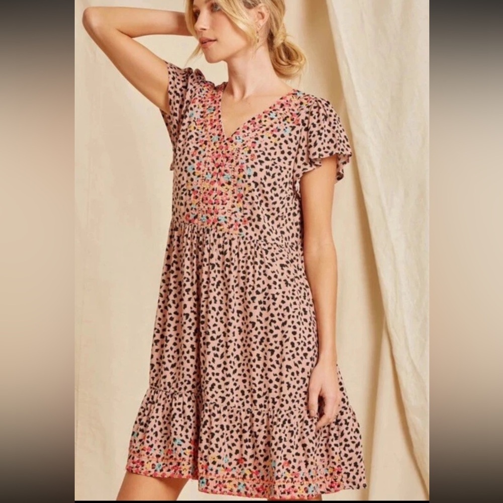 Savanna Jane Dress Women Medium Leopard Print embroidered Mid Dress Summer